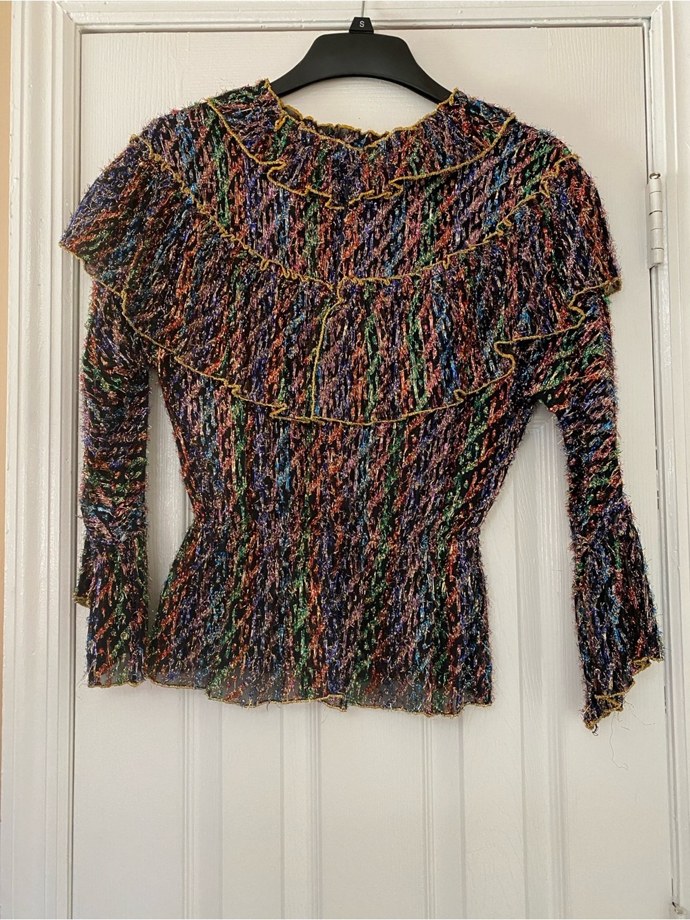 VTG 70s Disco Clowncore Metallic Lurex Ruffle Collar Blouse